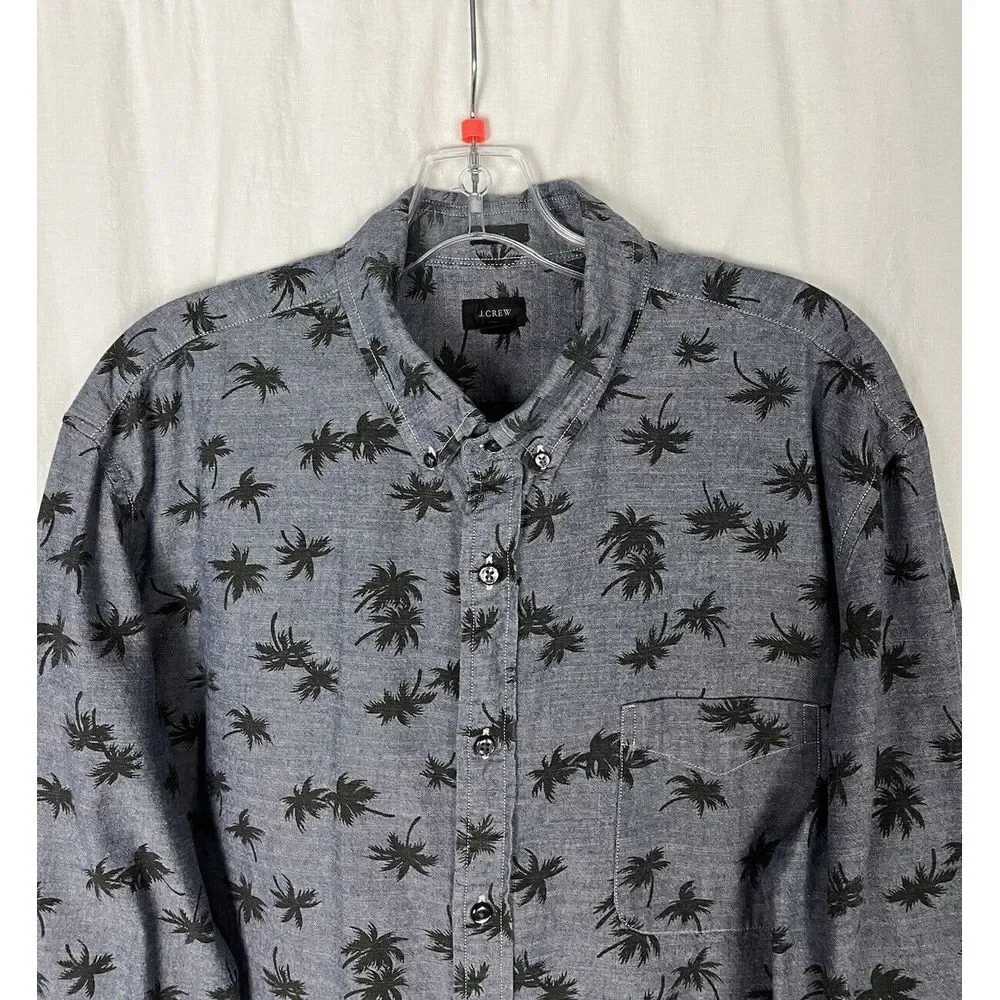 J. Crew Chambray Shirt Palm Tree Men's XL Button Down Long Sleeve Cotton Slim‎